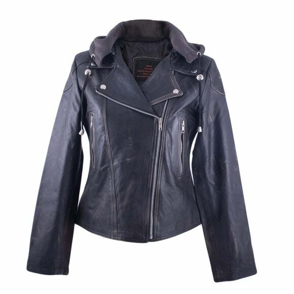 Distressed Biker Black Leather Jacket w/ Hoody Silver Studed Zippered Chrissie - Picture 2 of 8